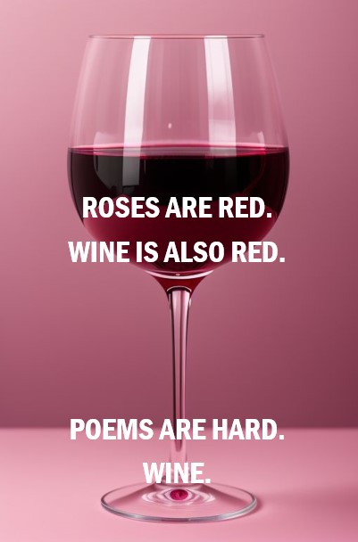 Roses are red. Wine is also red. Poetry is hard. Wine.